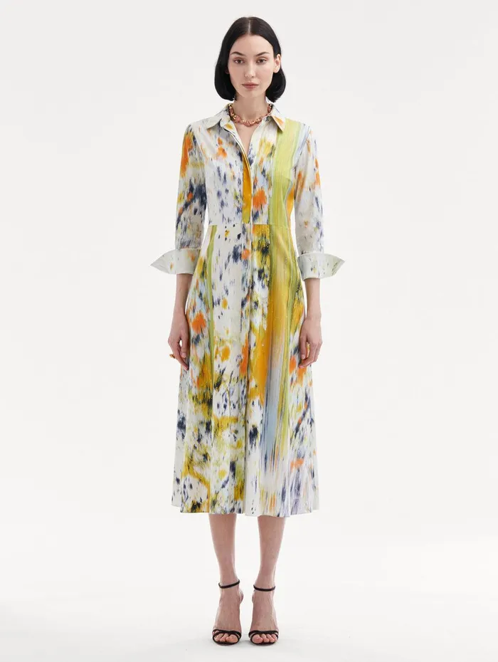 34 Sleeve Abstract Brushstroke Dress Citrine Multi Women Oscar De La Renta Dresses 34 Sleeve Abstract Brushstroke Dress Citrine Multi Women Oscar De La Renta Dresses