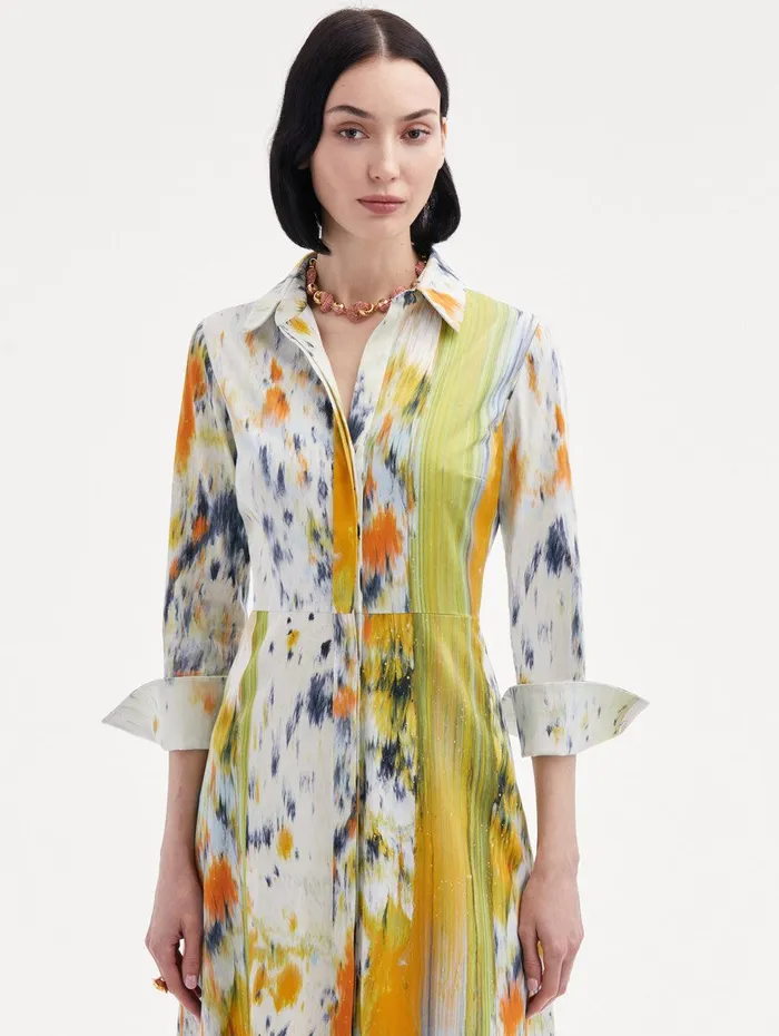 34 Sleeve Abstract Brushstroke Dress Citrine Multi Women Oscar De La Renta Dresses 34 Sleeve Abstract Brushstroke Dress Citrine Multi Women Oscar De La Renta Dresses