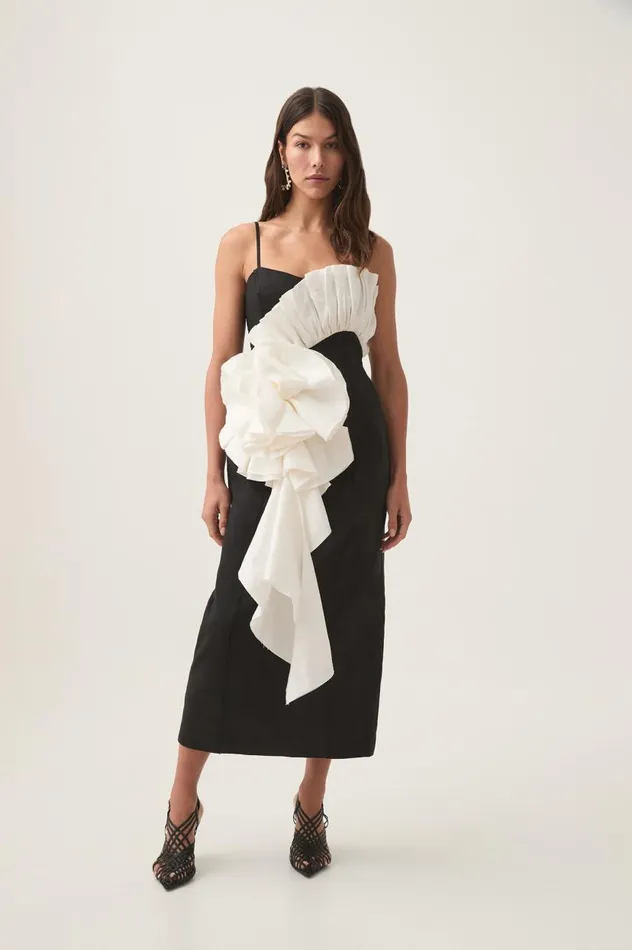 Aje Dresses Parallels Spiral Midi Dress Blackivory 8211 Women Aje Dresses Parallels Spiral Midi Dress Blackivory 8211 Women