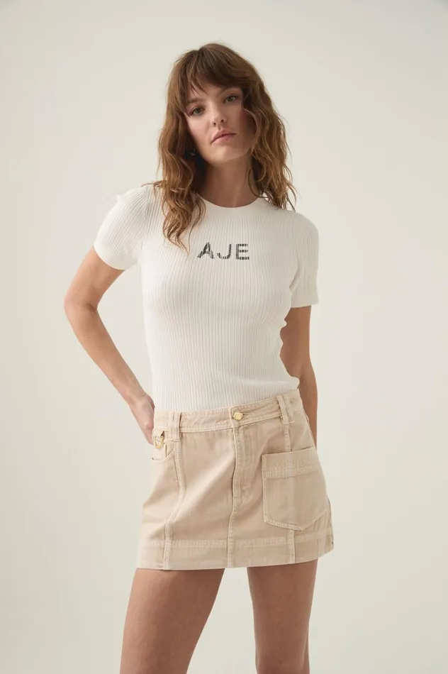 Aje Skirts Kya Contrast Denim Micro Skirt Sand Storm Wash 8211 Women