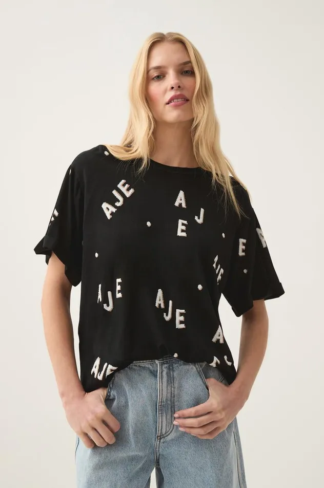 Aje Tees Decora Logo Sprinkle Knit Tee Blackivorytawny Brown 8211 Women Aje Tees Decora Logo Sprinkle Knit Tee Blackivorytawny Brown 8211 Women