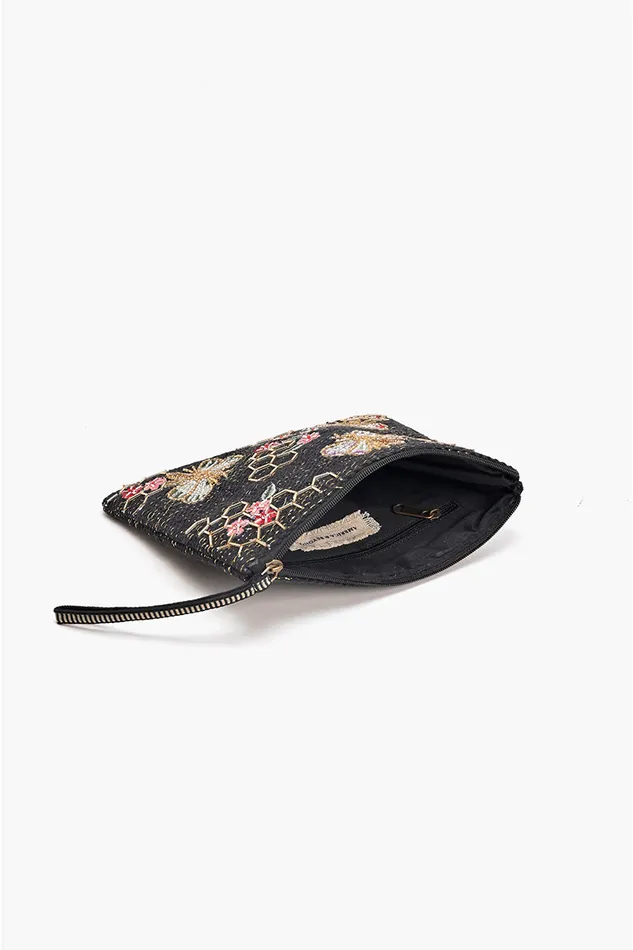 America and Beyond Clutches Women Black Bee Wristlets HandWoven Jacquard Design