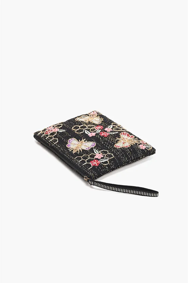 America and Beyond Clutches Women Black Bee Wristlets HandWoven Jacquard Design