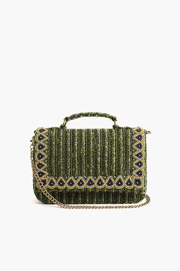 America and Beyond Clutches Women Hand Held beaded Clutch with Adjustable Chain Strap Green