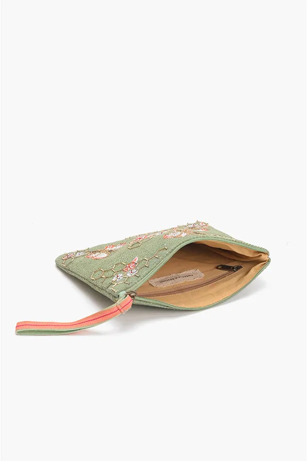 America and Beyond Clutches Women Olive Green Bee Wristlets HandWoven Jacquard Design