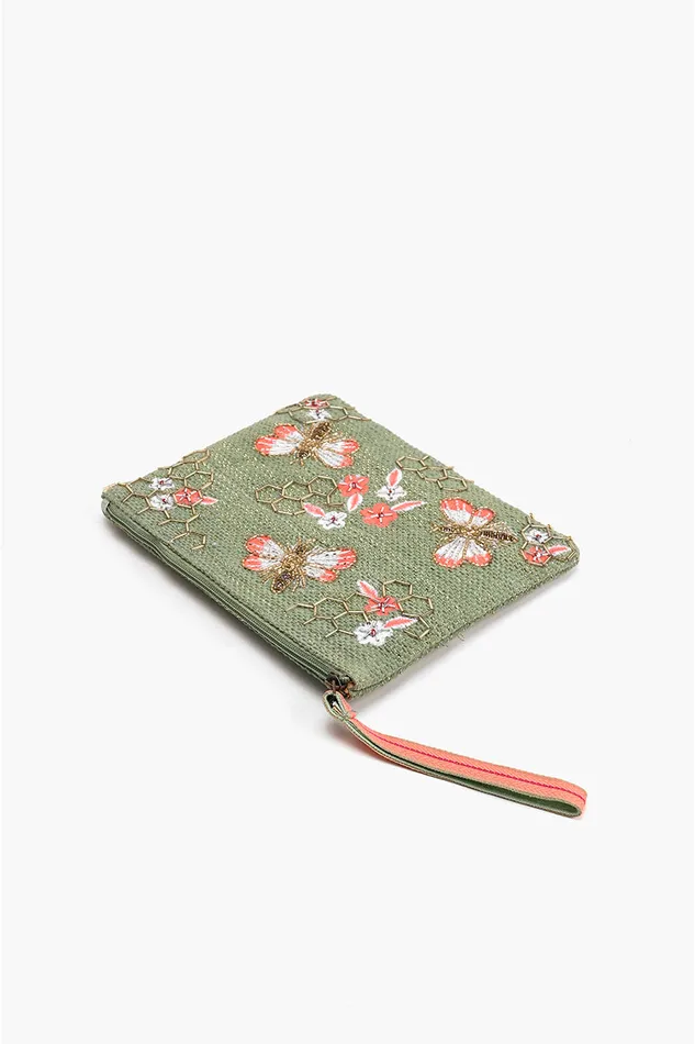 America and Beyond Clutches Women Olive Green Bee Wristlets HandWoven Jacquard Design