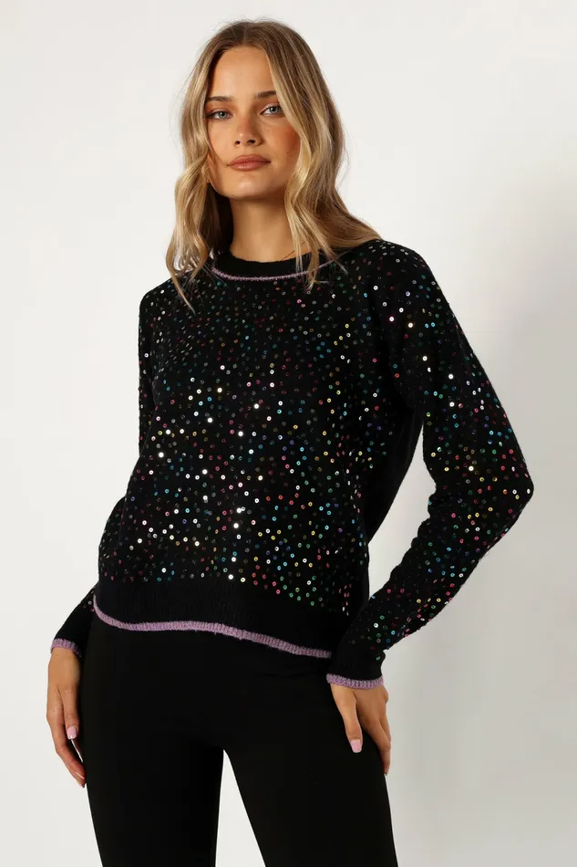 Ariella Sequin Embellished Knit Sweater Black Women Sweaters Petal and Pup