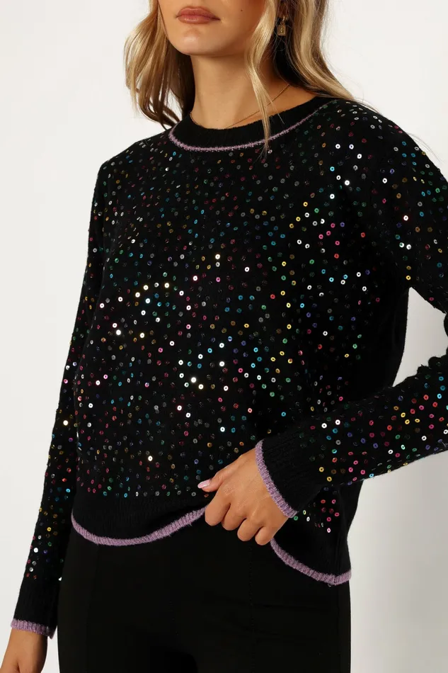 Ariella Sequin Embellished Knit Sweater Black Women Sweaters Petal and Pup