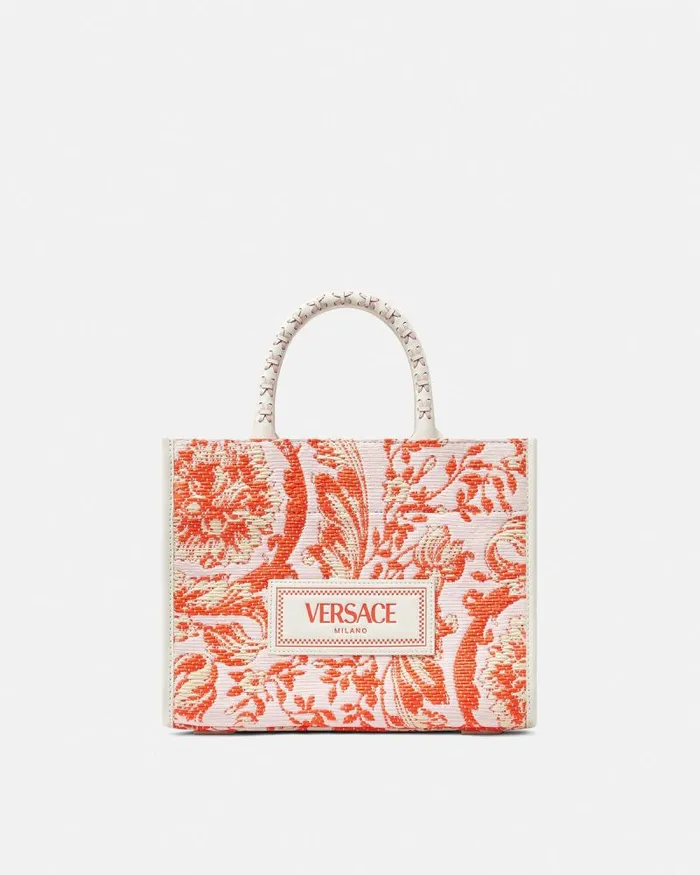 Barocco Athena Raffia Small Tote Bag Coral Women Versace Totes