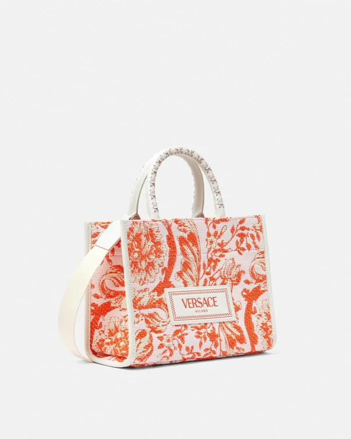 Barocco Athena Raffia Small Tote Bag Coral Women Versace Totes