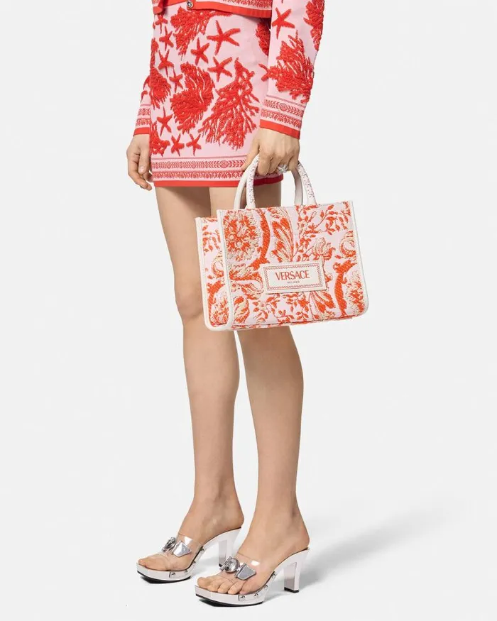 Barocco Athena Raffia Small Tote Bag Coral Women Versace Totes