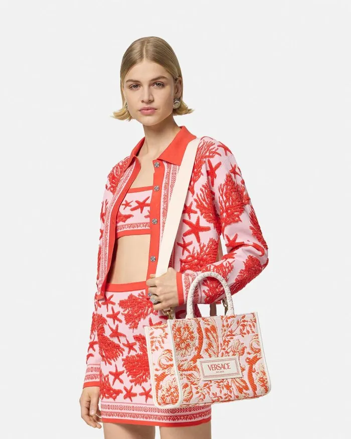 Barocco Athena Raffia Small Tote Bag Coral Women Versace Totes