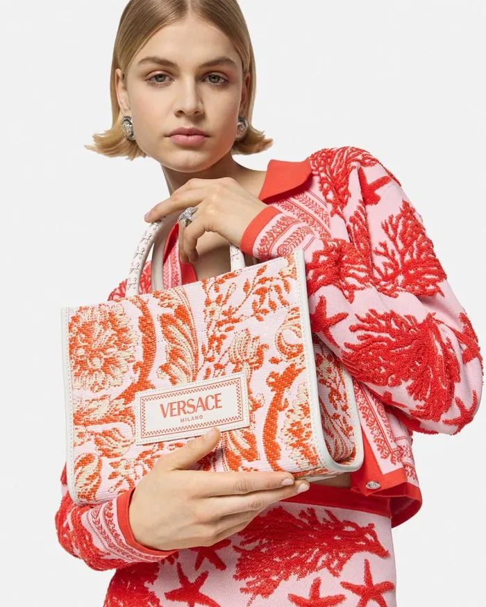 Barocco Athena Raffia Small Tote Bag Coral Women Versace Totes
