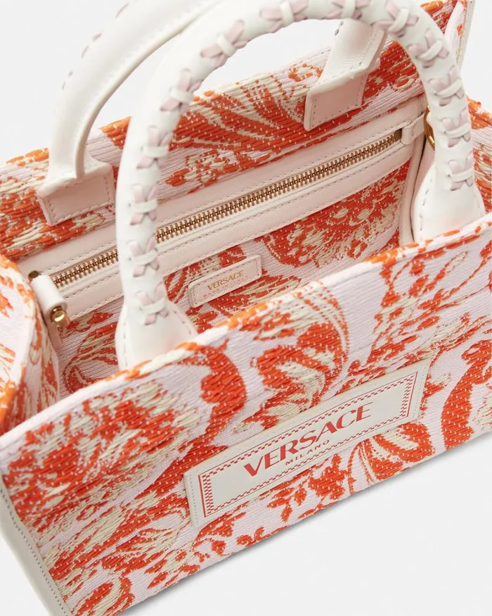 Barocco Athena Raffia Small Tote Bag Coral Women Versace Totes