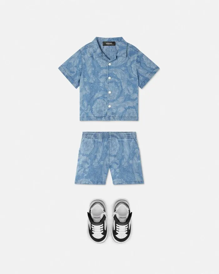 Barocco Chambray Baby Shorts Light Blue Children Versace Clothing