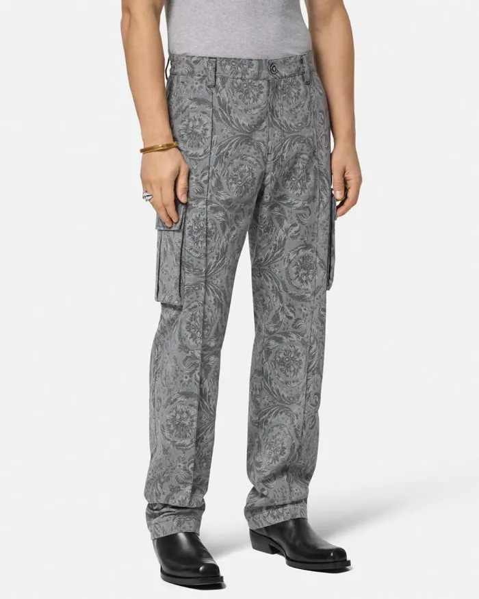 Barocco Jacquard Cargo Pants Gray Men Versace Pants and Shorts