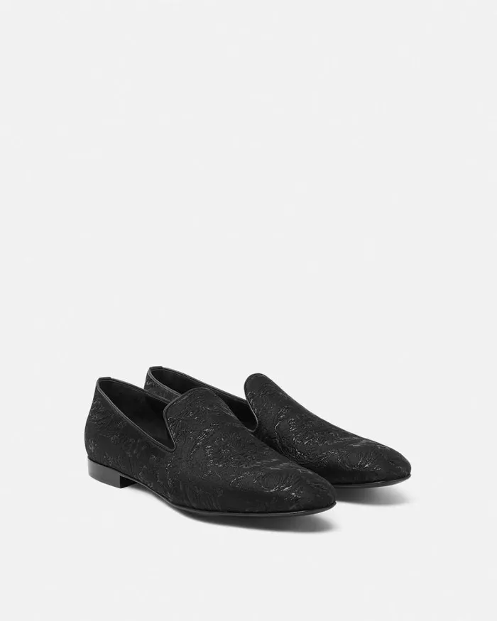 Barocco Jacquard Slippers Blacksilver Men Versace Loafers and Slippers