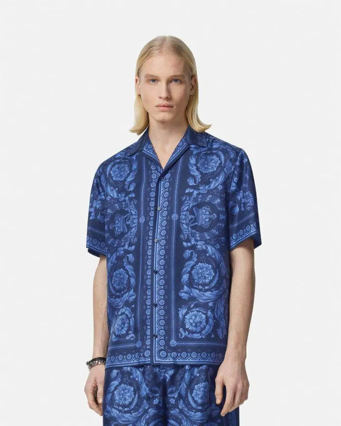 Barocco Silk Shirt Blueprint Men Versace Shirts