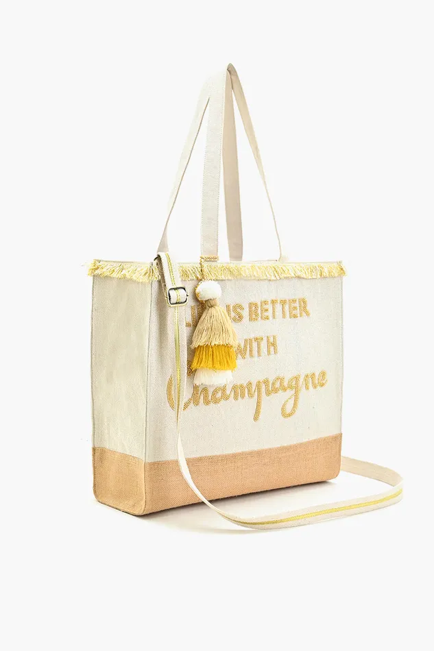 Beach Bags Champagne Forever ToteHand Beaded Jute Tote For Women America and Beyond Women