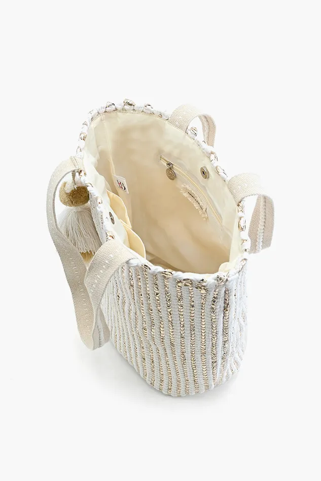 Beach Bags Women America and Beyond Natural Beauty Upcycled Hand Woven White Tote