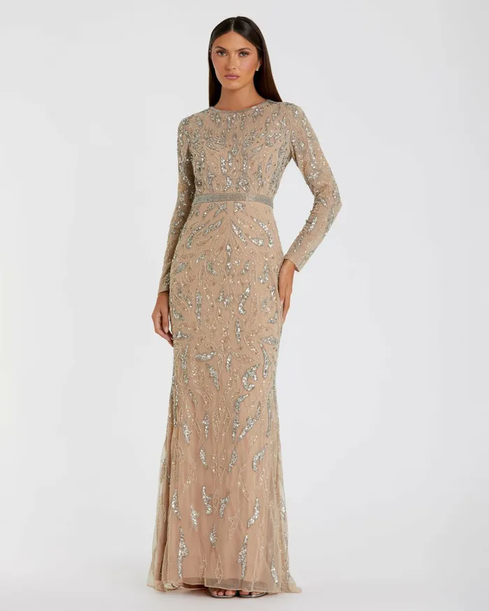 Best Sellers Beige Beaded Long Sleeve Evening Gown Mocha 8211 Mac Duggal Women Best Sellers Beige Beaded Long Sleeve Evening Gown Mocha 8211 Mac Duggal Women