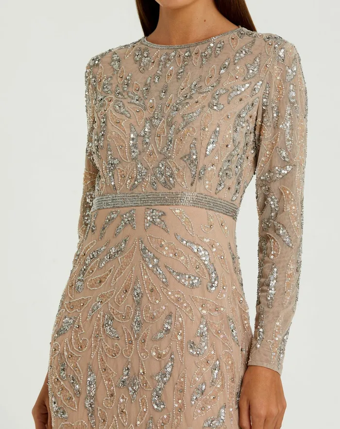 Best Sellers Beige Beaded Long Sleeve Evening Gown Mocha 8211 Mac Duggal Women