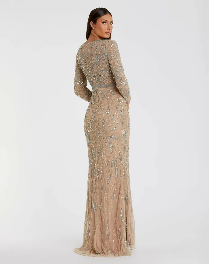 Best Sellers Beige Beaded Long Sleeve Evening Gown Mocha 8211 Mac Duggal Women
