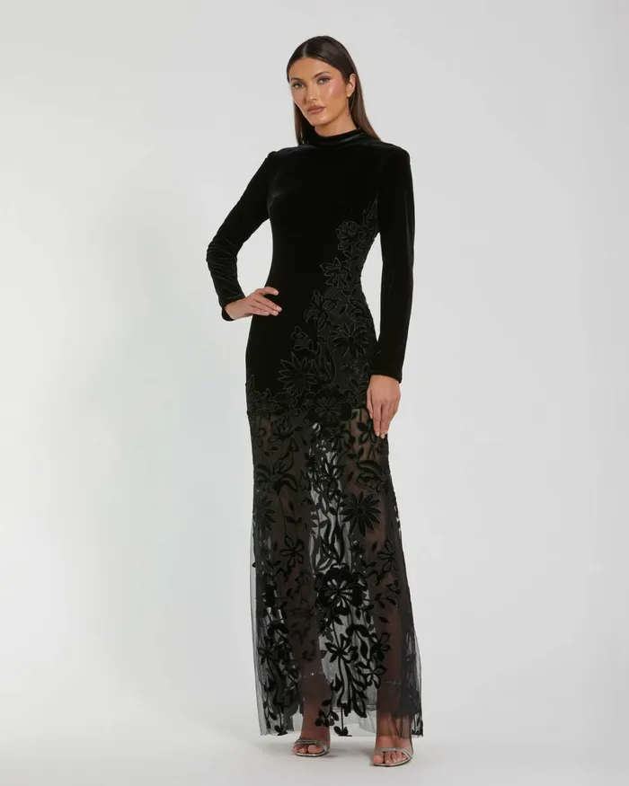 Best Sellers Mac Duggal Women Long Sleeve Sheer Floral Embroidered Velvet Gown Black Best Sellers Mac Duggal Women Long Sleeve Sheer Floral Embroidered Velvet Gown Black