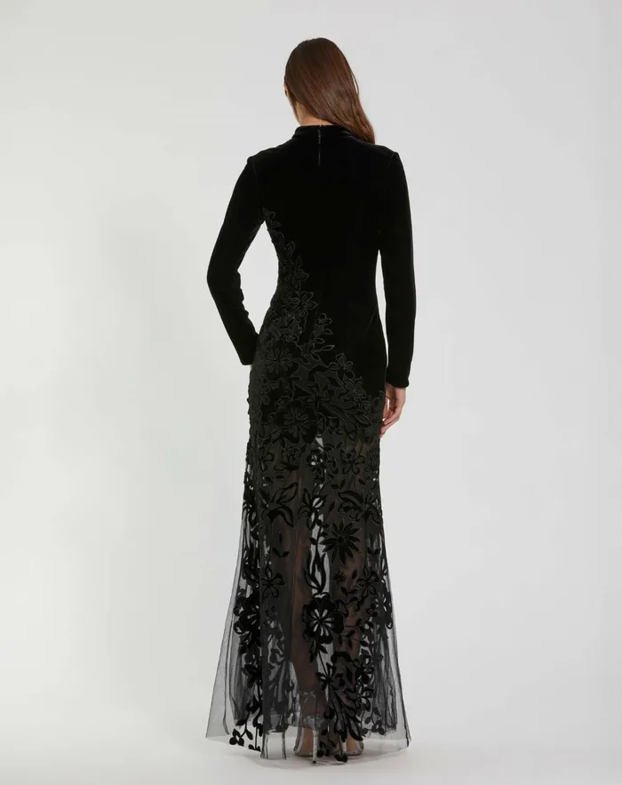 Best Sellers Mac Duggal Women Long Sleeve Sheer Floral Embroidered Velvet Gown Black