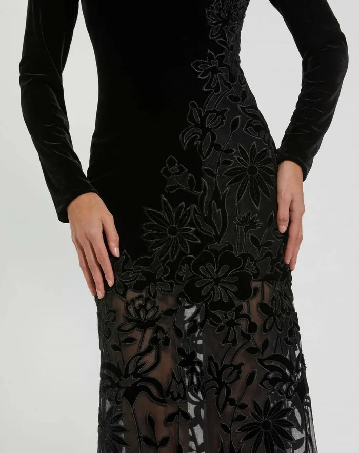 Best Sellers Mac Duggal Women Long Sleeve Sheer Floral Embroidered Velvet Gown Black