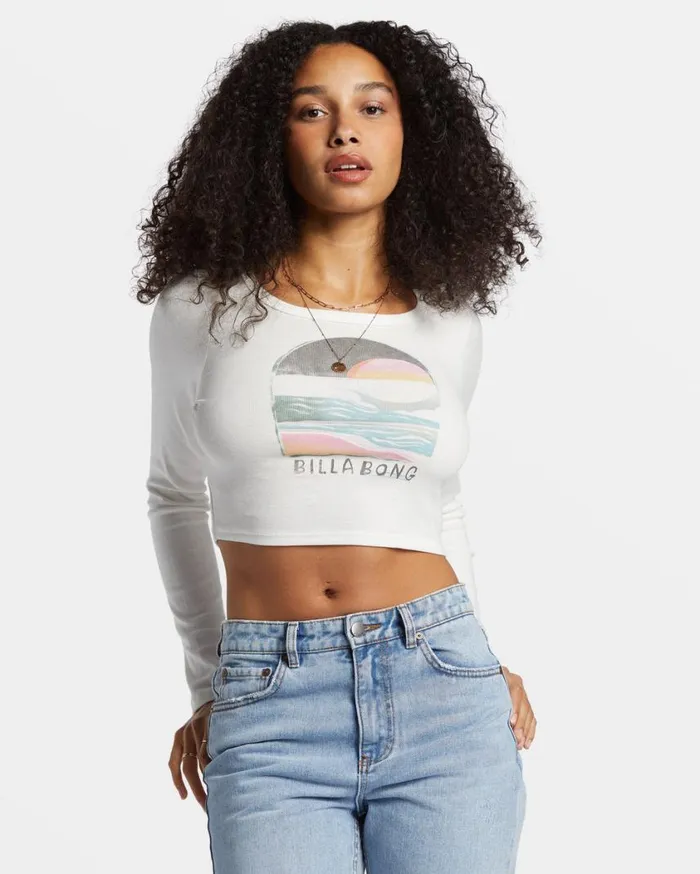 Billabong Find Your Coast Long Sleeve Cropped Tshirt Salt Crystal Womens Tops