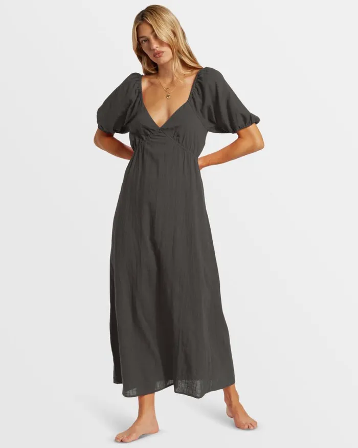 Billabong Love Fade Puff Sleeve Maxi Dress Black Sands Womens Dresses