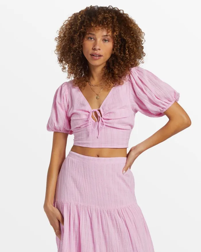 Billabong Tropic Heart Puff Sleeve Crop Top Pink Dream Womens Tops