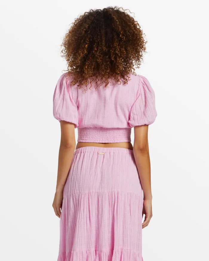 Billabong Tropic Heart Puff Sleeve Crop Top Pink Dream Womens Tops