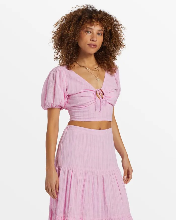 Billabong Tropic Heart Puff Sleeve Crop Top Pink Dream Womens Tops