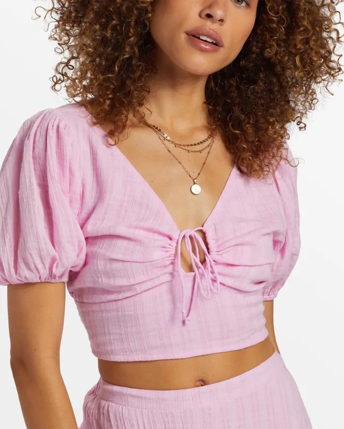 Billabong Tropic Heart Puff Sleeve Crop Top Pink Dream Womens Tops