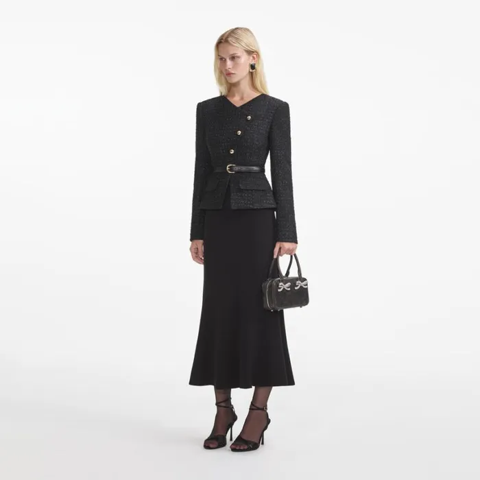 Black Boucle Asymmetric Midi Dress Women Self Portrait Dresses Black Boucle Asymmetric Midi Dress Women Self Portrait Dresses