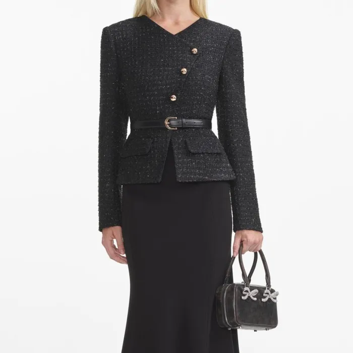 Black Boucle Asymmetric Midi Dress Women Self Portrait Dresses Black Boucle Asymmetric Midi Dress Women Self Portrait Dresses