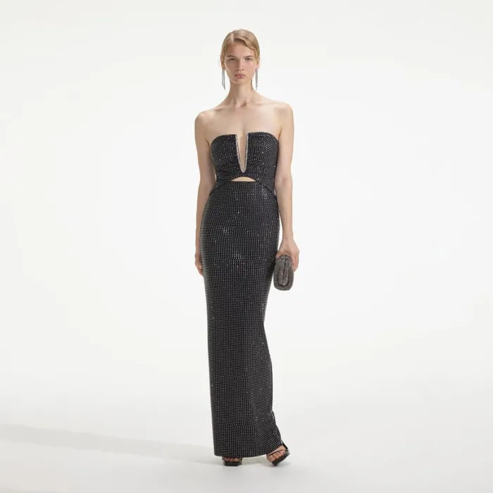 Black Jersey Rhinestone Maxi Dress Women Self Portrait Dresses