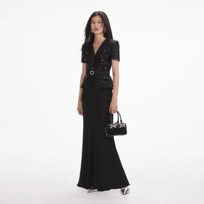 Black Sequin Boucle Maxi Dress Women Self Portrait Dresses Black Sequin Boucle Maxi Dress Women Self Portrait Dresses