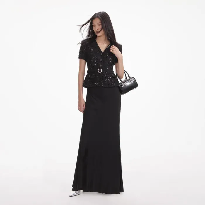 Black Sequin Boucle Maxi Dress Women Self Portrait Dresses Black Sequin Boucle Maxi Dress Women Self Portrait Dresses