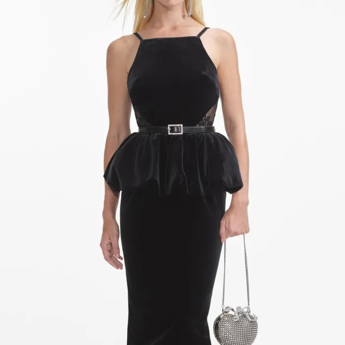 Black Velvet Peplum Midi Dress Women Self Portrait Dresses Black Velvet Peplum Midi Dress Women Self Portrait Dresses