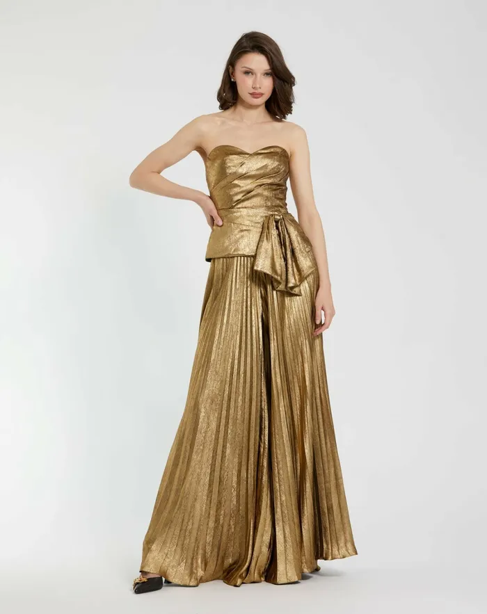 Blouses and Tops Mac Duggal Women Metallic Lam Strapless Wrap Top With Bow Detail Gold