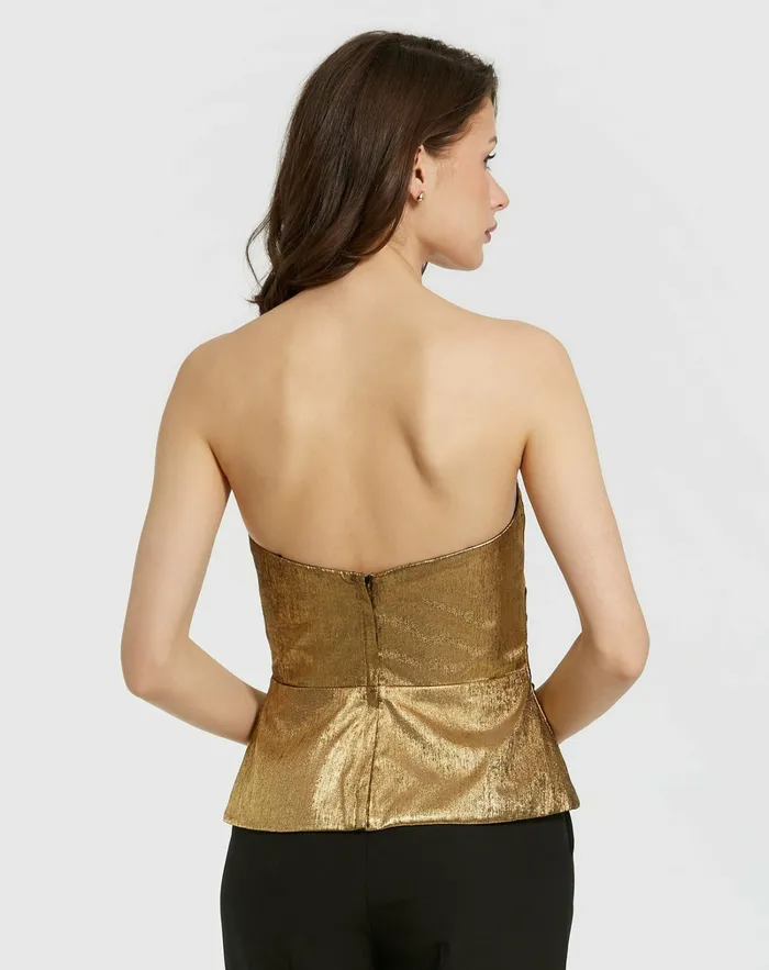 Blouses and Tops Mac Duggal Women Metallic Lam Strapless Wrap Top With Bow Detail Gold