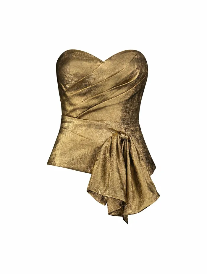 Blouses and Tops Mac Duggal Women Metallic Lam Strapless Wrap Top With Bow Detail Gold
