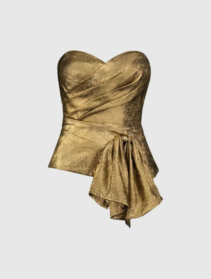 Blouses and Tops Mac Duggal Women Metallic Lam Strapless Wrap Top With Bow Detail Gold