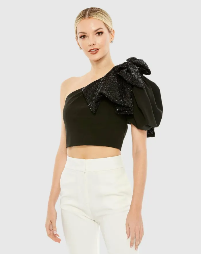 Blouses and Tops One Shoulder Sequin Bow Short Sleeve Top 8211 FINAL SALE Black 8211 Mac Duggal Women