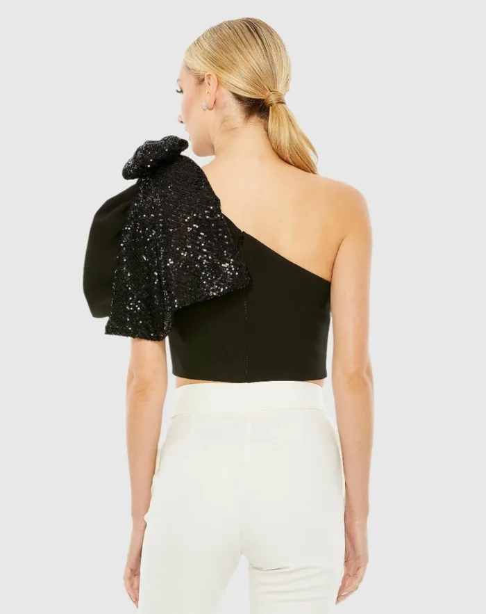 Blouses and Tops One Shoulder Sequin Bow Short Sleeve Top 8211 FINAL SALE Black 8211 Mac Duggal Women