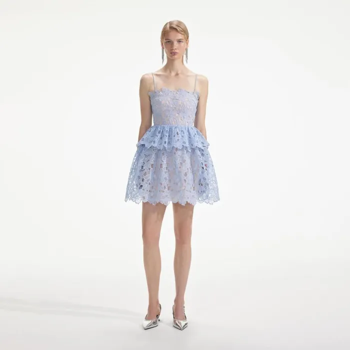 Blue Organza Lace Mini Dress Women Self Portrait Dresses