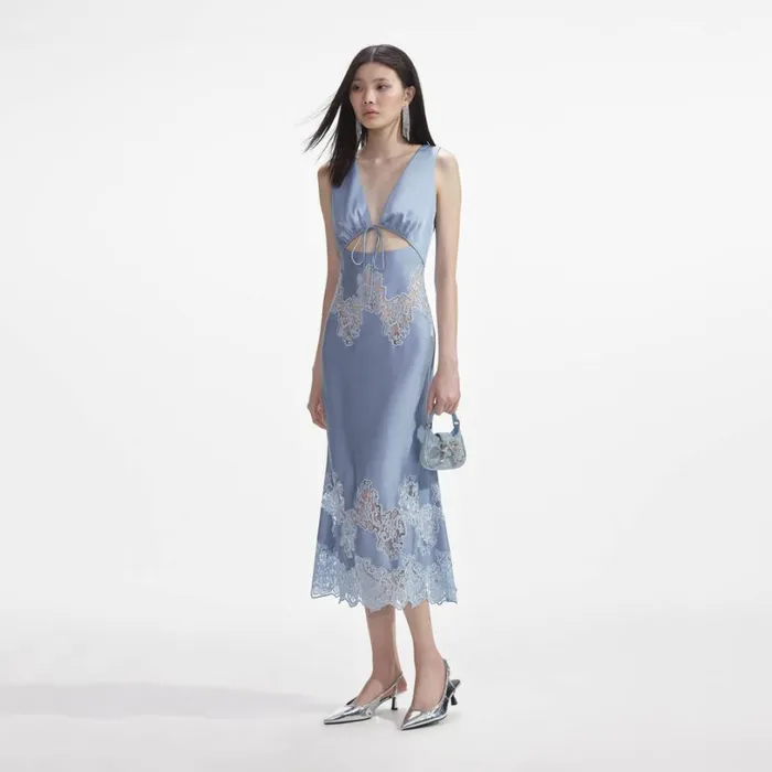 Blue Satin Lace Insert Midi Dress Women Self Portrait Dresses